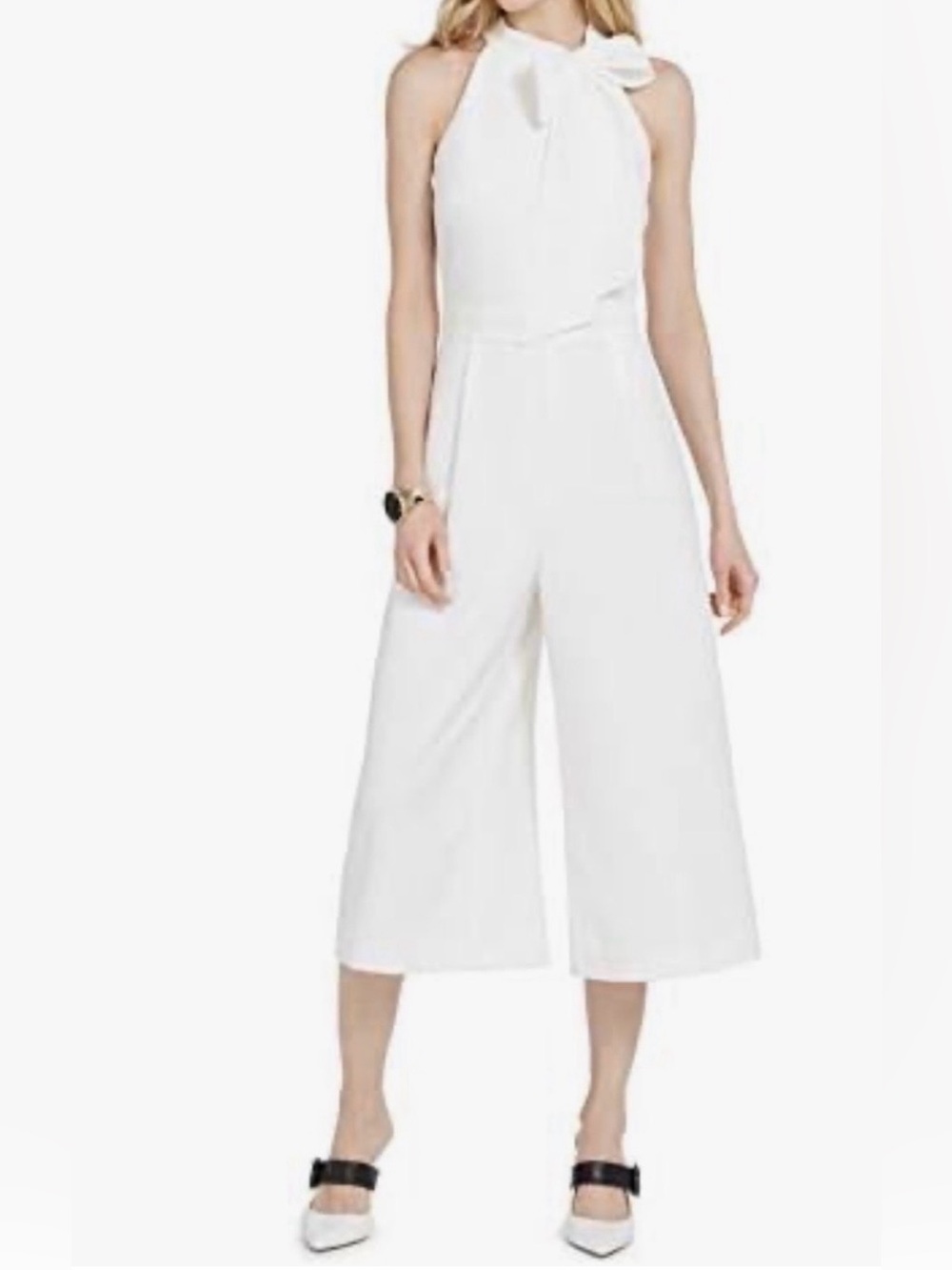 Vince Camuto White Halter Tie-Neck Cropped Wide-Leg Jumpsuit